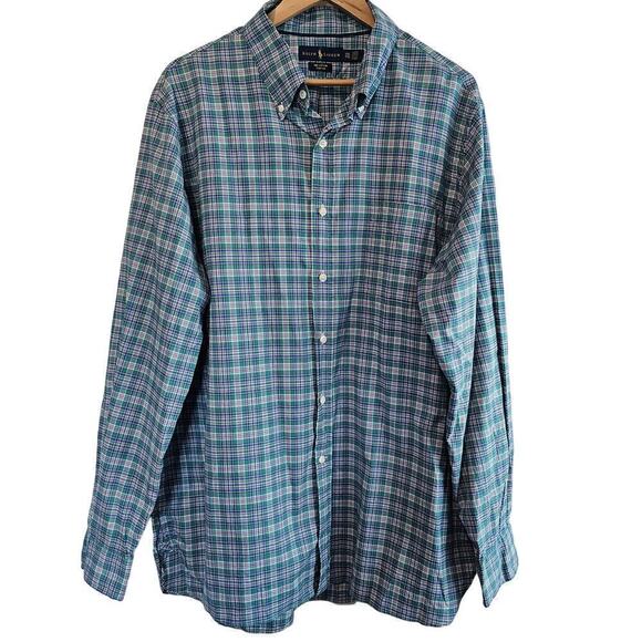 Ralph Lauren Button Down Shirt Mens XXL Blue Green Plaid Long Sleeve Stretch - Picture 1 of 9